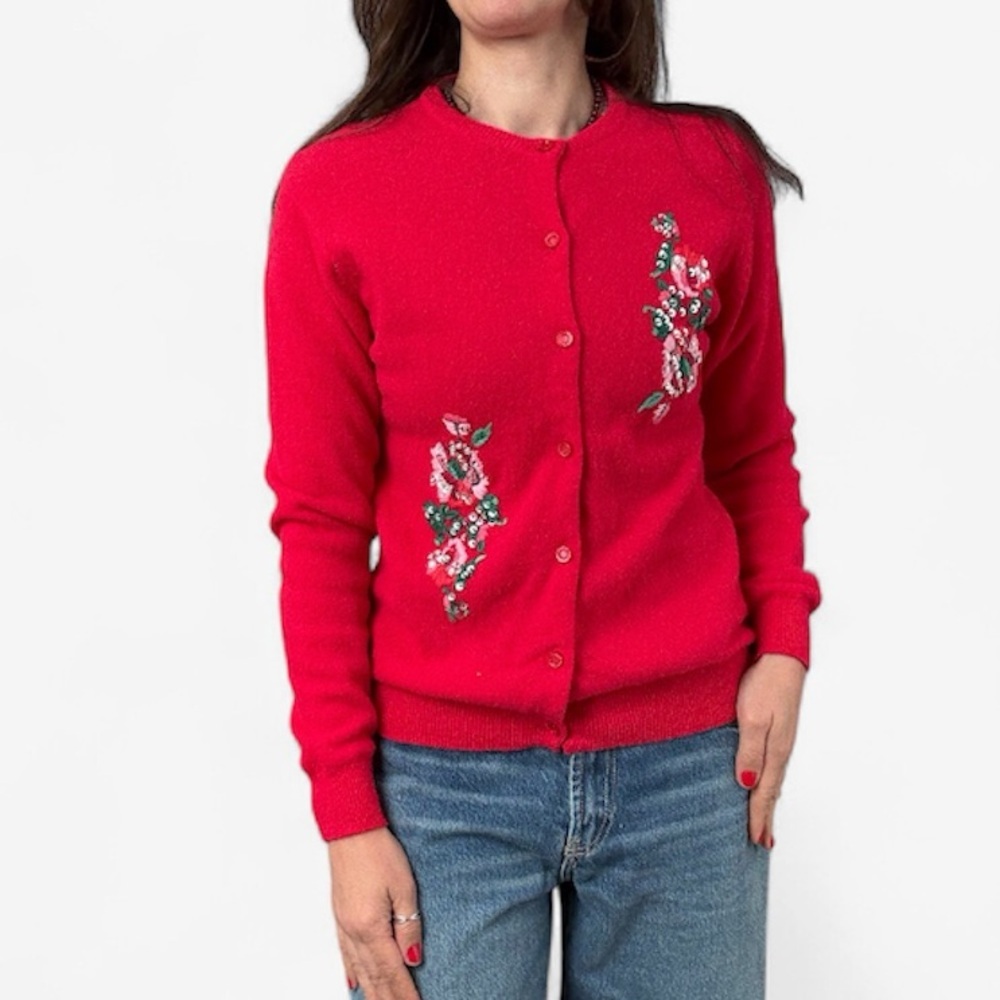 Vintage Hand Embroidered Wool Cardigan Sweater